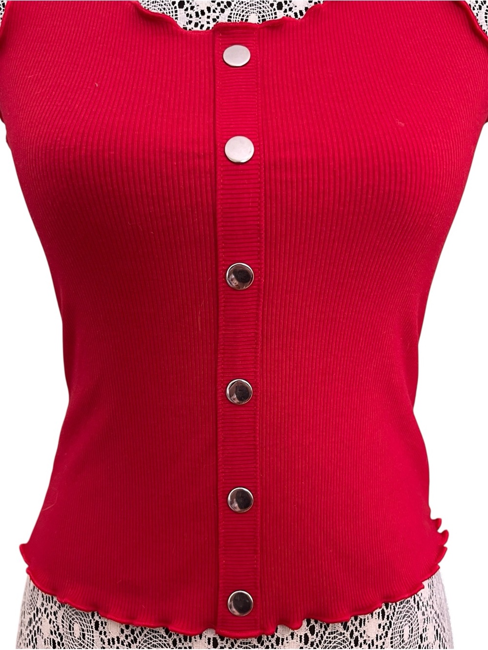 GUESS Lettuce Trim Button-Front Ribbed Tank Top - Picture 3 of 9